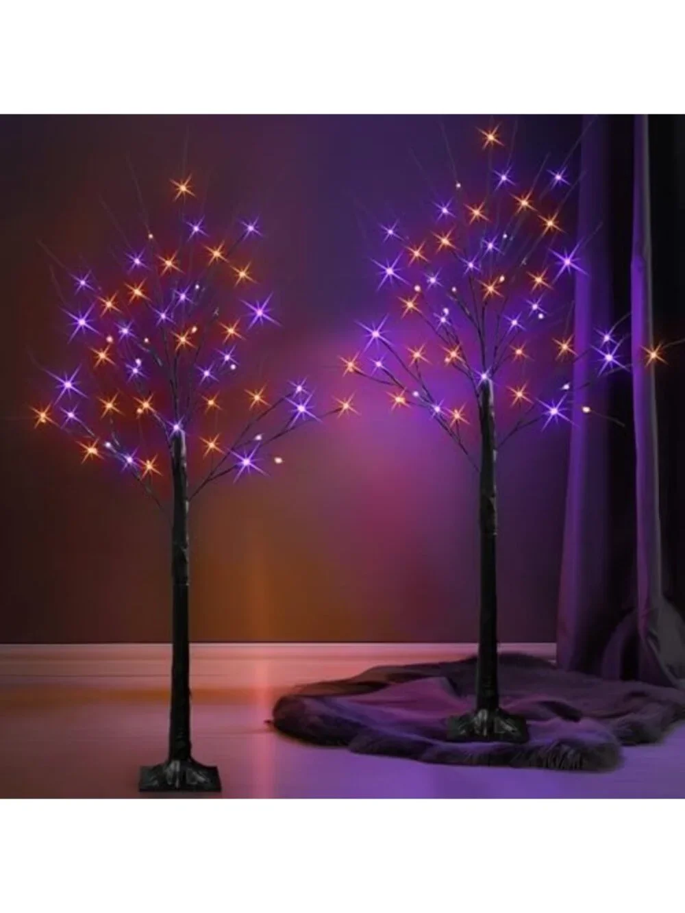 2 Pack 4FT Lighted Birch Trees with 96 LED Purple & Orange Fairy Lights, Timer